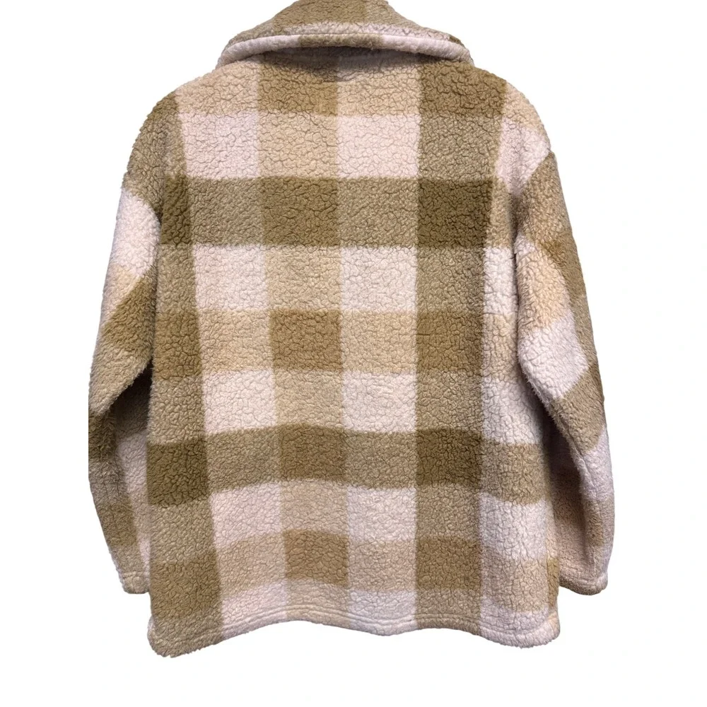 Billabong Cream Olive Plaid Sherpa Fleece Shacket Jacket Button Women's Small - Picture 6 of 9